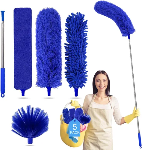 Miniatura 10 de Tiumso Kit de plumero de microfibra 5 en 1, plumeros para limpieza, plumero con poste de extensión de 100 pulgadas, plumero de telaraña, plumeros
