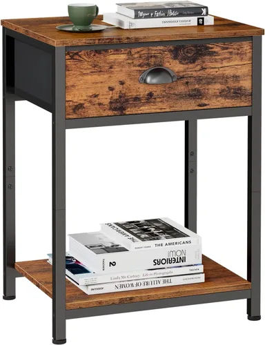 Miniatura 12 de Furologee Mesita de noche con cajón de tela y estante de almacenamiento, mesa auxiliar pequeña para espacios pequeños, mesa auxiliar industrial de 2