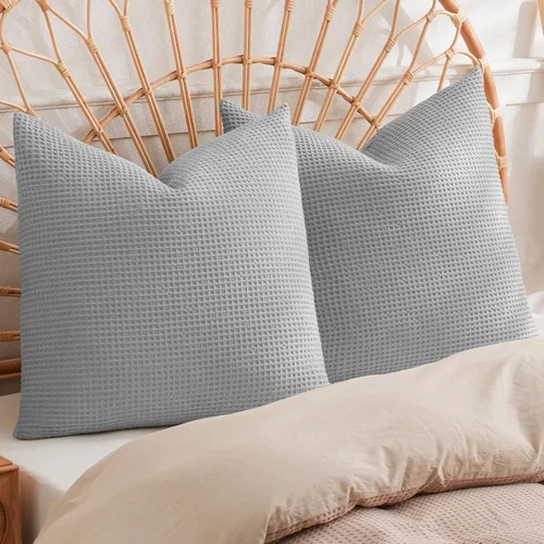 PHF Funda de almohada 100% algodón con tejido de gofre, 18 x 18 pulgadas, sin relleno, paquete de 2 elegantes fundas de almohada cuadradas Gris claro