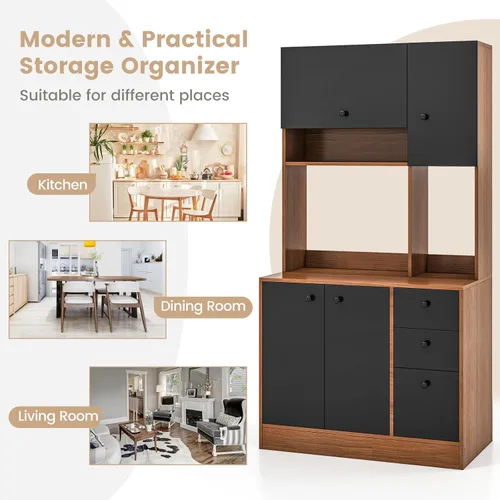 Miniatura 9 de Giantex Despensa de cocina, buffet con 3 armarios de almacenamiento, armario grande de piso de 71 pulgadas con 3 cajones profundos, encimera ancha