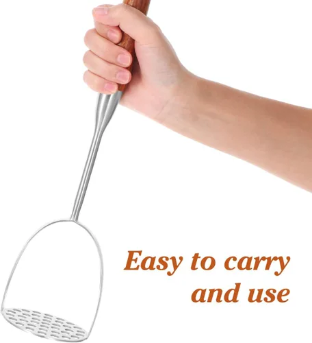 Miniatura 4 de Angoily Triturador de papas de acero inoxidable con mango de madera, prensador de papas resistente para papas de mano para aguacate y verduras