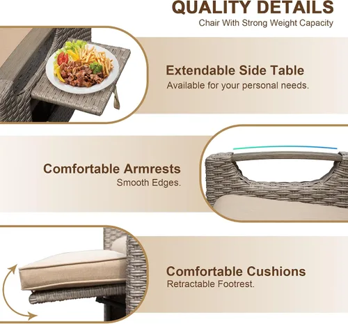 Miniatura 3 de Domi - Silla reclinable para exteriores, sillón reclinable de patio con mimbre tejido a mano, mesa abatible con respaldo de empuje, ángulo