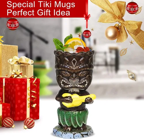 Miniatura 7 de SuproBarware Tiki - Juego de tazas de cóctel de 10.1 fl oz, coloridas tazas de cóctel de cerámica, decoración hawaiana para fiestas exóticas