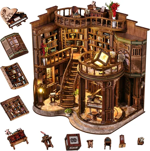 Miniatura 12 de Kit de rincón de libros de biblioteca antigua, rompecabezas 3D de madera con luz LED, modelo de estantería en miniatura, decoración cultural