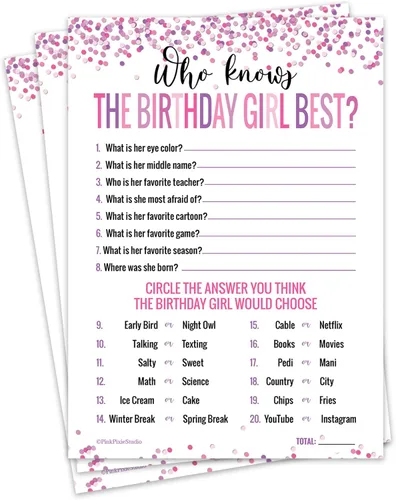 30 tarjetas de juego de Who Knows The Birthday Girl, para niños o adolescentes, juego divertido y fácil para fiestas o fiestas de pijamas,