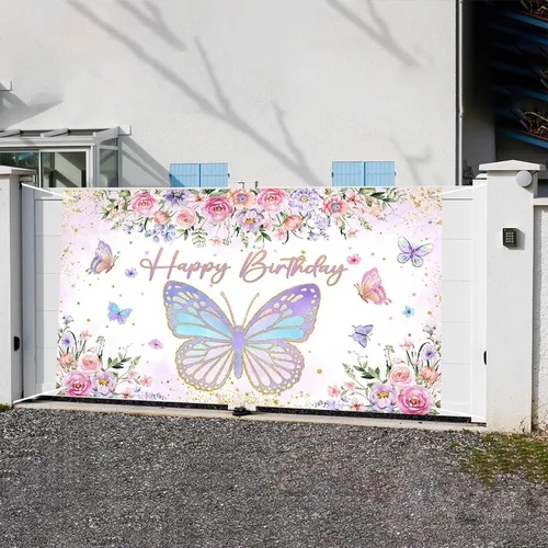 Miniatura 4 de Mocsicka Cartel de cumpleaños de mariposa para niñas y mujeres, decoración de fiesta de cumpleaños, pancarta morada con diseño de mariposa feliz