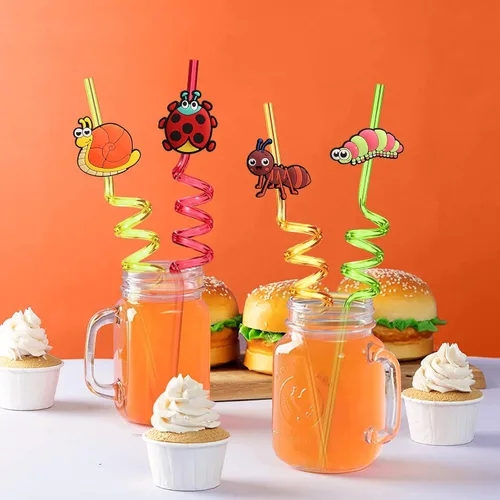 Miniatura 3 de Suministros de fiesta de cumpleaños de 24 insectos, popotes de plástico reutilizables para decoraciones de fiesta temática de insectos con 2