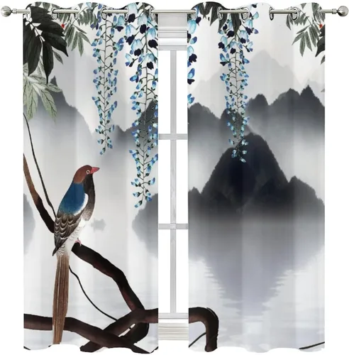 Miniatura 8 de Cortinas opacas para oscurecer la habitación con ojales, diseño de flores japonesas con ojales, arte retro de primavera y ramas florales, arte