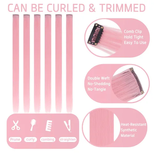 Miniatura 4 de 12 extensiones de cabello sintético con clip de color de 20 pulgadas de largo, lacio, con reflejos para fiestas, para mujeres y niñas