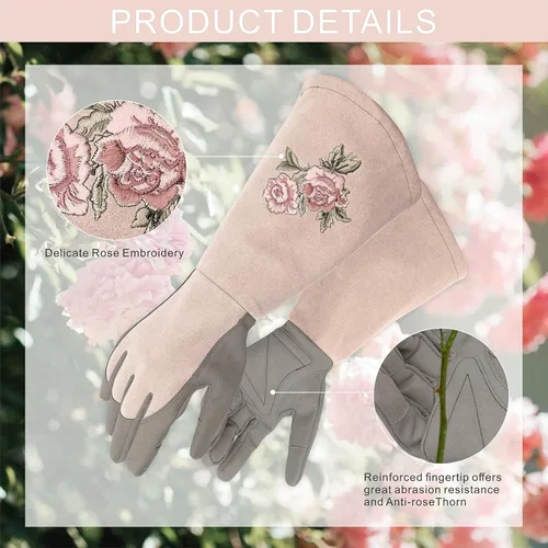 Miniatura 2 de Guantes largos de jardinería para mujer, guantes de poda de rosas duraderos, resistentes a las espinas, para desmalezar, plantar y excavar (1 par)