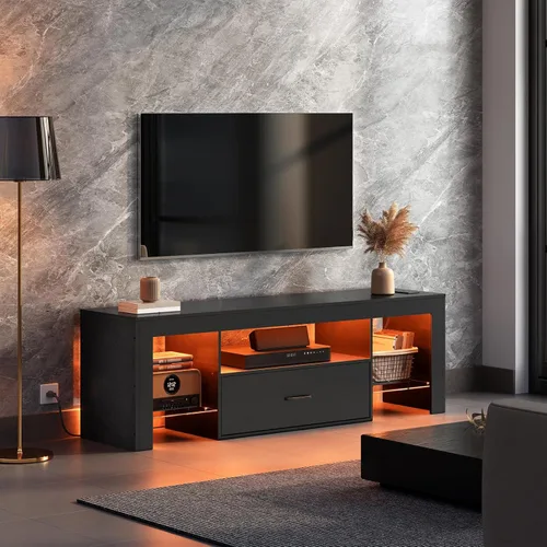 Miniatura 4 de HOOBRO Soporte de TV LED con tomas de corriente para TV de hasta 65 pulgadas, centro de entretenimiento para videojuegos con estantes de vidrio