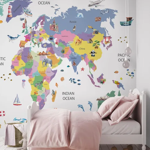 Miniatura 9 de Papel tapiz para habitación de niños, espacio de astronauta, mural de mapa gigante del mundo con países, papel tapiz para guardería, despegar