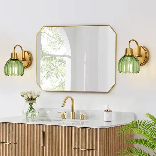 Miniatura 7 de Juego de 2 lámparas de tocador de baño en oro cepillado, lámpara de pared de cabeza única con pantalla de vidrio verde acanalado