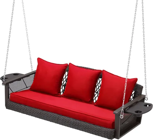 Miniatura 14 de HOMREST Columpio de mimbre para porche para 3 personas con portavasos mejorado, silla colgante de 56 pulgadas con cojines, columpio al aire libre