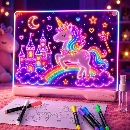 Geokay Tablero de dibujo LED recargable de 16 pulgadas, modos de luz de 9 colores, almohadilla de dibujo de neón de borrado en seco con soporte