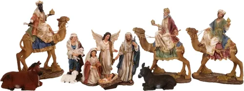 Estatuilla grande de 12 pulgadas, juego de 11 piezas de construcción de resina de fibra de vidrio, belén de Navidad pintado a mano con hombres