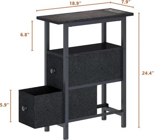 Miniatura 3 de TRIFEBLE Mesa auxiliar con estación de carga, mesa auxiliar estrecha con 2 cajones de tela, mesita de noche delgada con luz LED, mesita de noche