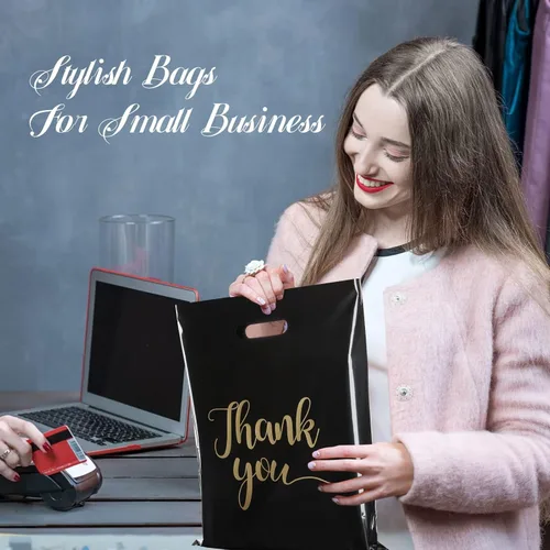Miniatura 5 de ZORRITA Paquete de 100 bolsas de agradecimiento para pequeñas empresas, bolsas de plástico de 12 x 15 pulgadas con asas, bolsa de mercancía al por
