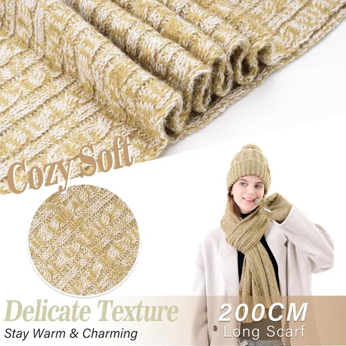 Miniatura 4 de Conjunto de bufanda larga de punto acanalado con forro polar y gorro para pantalla táctil, regalos para mujer