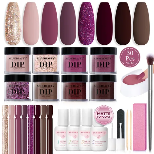 Miniatura 13 de AZUREBEAUTY Kit de uñas en polvo de inmersión, gelatina translúcida blanca lechosa, rosa desnudo, neutro, claro, 8 colores, juego de polvo