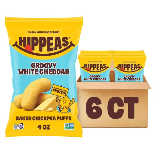 HIPPEAS Chickpea Puffs, Groovy White Cheddar, aperitivos sin gluten, sin lácteos, vegano, 4 onzas, paquete de 6, 0.11 onzas de proteína, 0.11 onzas