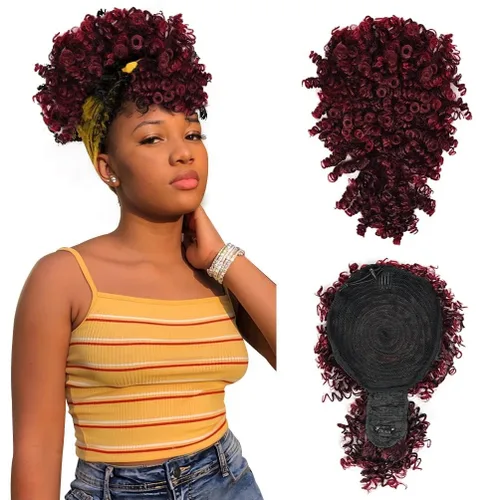 Miniatura 9 de MODSIGHT Cola de caballo afro hinchada con cordón y flequillo, moño de cola de caballo rizada crespa negra con flequillo, postizos para peinados