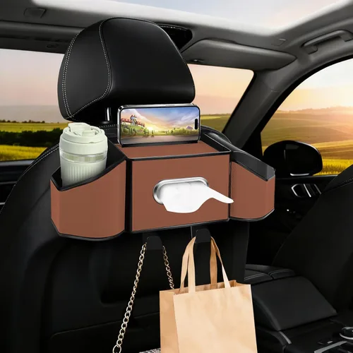 Miniatura 13 de Organizador de respaldo de asiento de automóvil 7 en 1 con portavasos, caja de pañuelos, cubo de basura y ganchos, organizador de almacenamiento