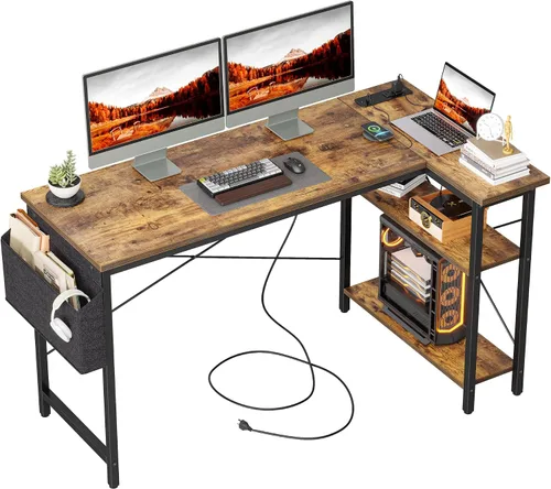 Miniatura 10 de TIQLAB - Escritorio pequeño de computadora con tomas de corriente, escritorio en forma de L de 40 pulgadas con estantes reversibles, escritorio
