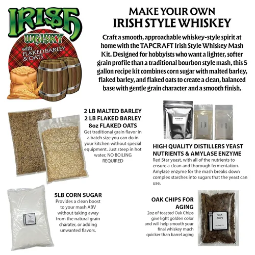 Kit de puré de whisky estilo irlandés - Cebada malteada, cebada en copos y avena - Haz Wiskey estilo Jameson en casa - Kit completo de recetas de