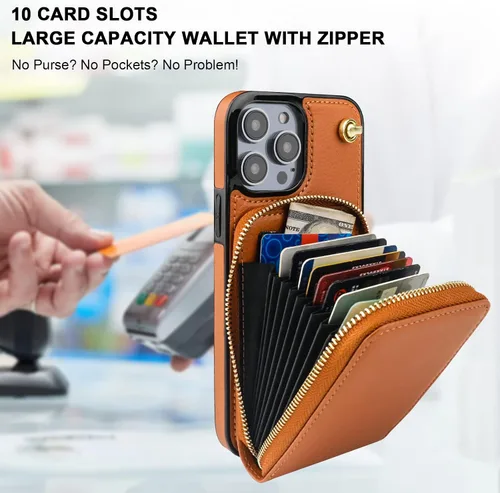 Miniatura 4 de KIHUWEY Funda tipo cartera cruzada para iPhone 14 Pro Max, funda con bolsillo con cremallera y soporte para tarjetas, funda protectora de piel Marrón