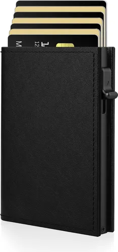 Cartera para hombre – Cuero minimalista de triple pliegue, funda inteligente para tarjetas emergentes con bloqueo RFID, soporte delgado de metal