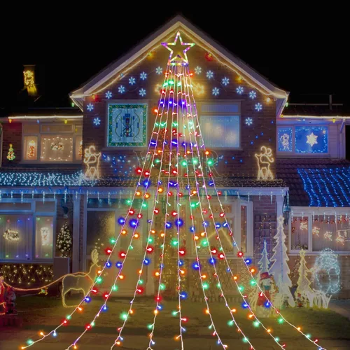 Miniatura 8 de Luces de Cadena de Estrella de Navidad, 320 Luces LED de Cascada para Árbol con Estrella Superior de 13", 8 Modos de Iluminación para Interiores