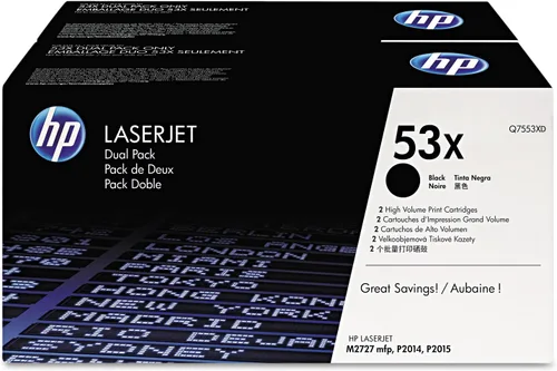 HP 53X (Q7553XD) - Cartuchos de tóner originales LaserJet de alto rendimiento, color negro, paquete de 2