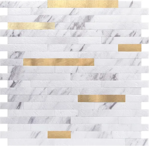 Miniatura 5 de Art3d - Azulejo para cocina, baño, 10 hojas despega y pega, color blanco adornado con metal dorado. Volakas Blanco + Metal Oro