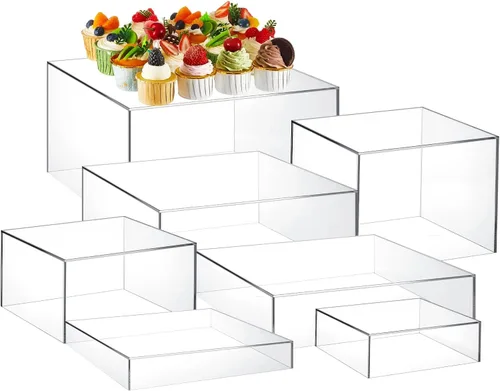 Miniatura 22 de Leinuosen Juego de 7 elevadores de buffet extra grandes de 8" a 14" caja de exhibición de acrílico cuadrada elevador de mesa de postres para Blanco