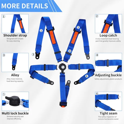 Miniatura 2 de Yakitoko Arnés de seguridad universal de 5 puntos, juego de 2 pulgadas, compatible con Go Kart, UTV, ATV, azul para carreras