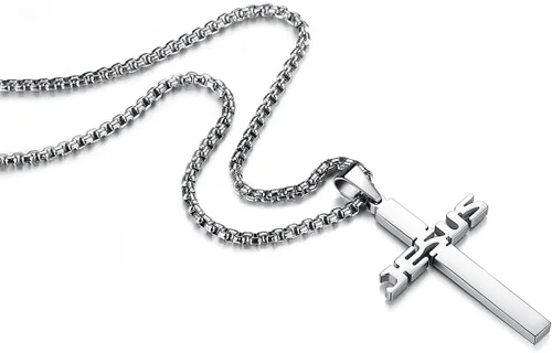 Miniatura 2 de REVEMCN Collar con colgante de cruz de Jesús de acero inoxidable para hombres y mujeres, cadena Rolo de 20 a 24 pulgadas, regalos cristianos