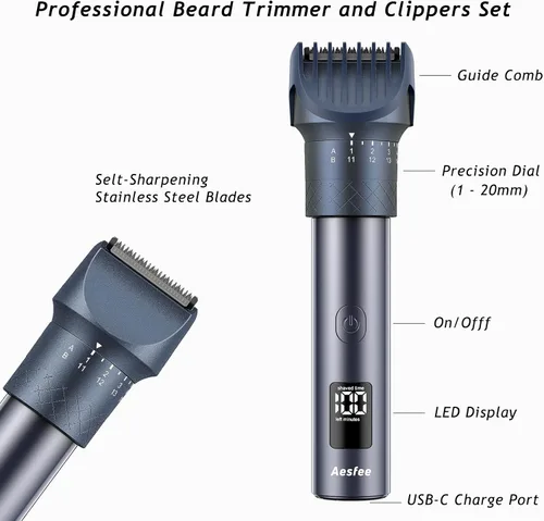 Miniatura 4 de Aesfee - Juego de recortadora de barba profesional 3 en 1 y cortadora de pelo para hombres, resistente al agua IPX7, kit de afeitadora eléctrica