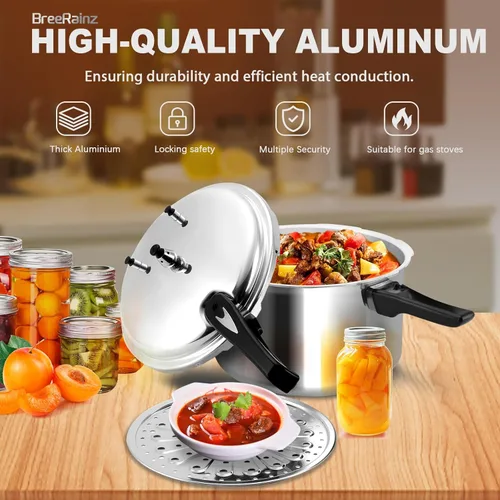 Miniatura 2 de BreeRainz Olla a presión de 12 cuartos de galón, olla a presión de aluminio con estante de cocción para cocinar al vapor, enlatado y guisado, plata