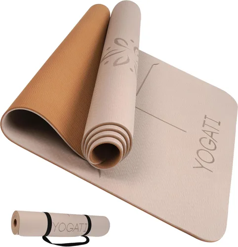 YOGATI® Esterilla de Yoga con Correa con Líneas de Alineación. Esterilla de Entrenamiento en Casa para Mujeres, Hombres y Niños. Esterilla de Yoga