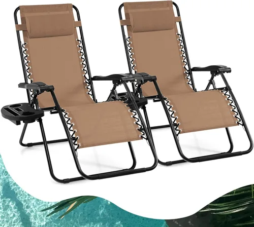 Miniatura 13 de Goplus Sillas de salón Zero Gravity, reclinables plegables ajustables en 160° con almohada y soporte para tazas, cómodas sillas de descanso de 350