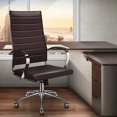 Miniatura 2 de Silla de oficina marrón con reposabrazos, silla giratoria ajustable en cuero vegano duradero, silla de escritorio ergonómica para respaldo adicional