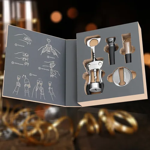 Miniatura 3 de Beneno Abridor multifuncional de botellas de vino con ala de regalo, sacacorchos, cortador de aluminio, tapón al vacío y vertedor aireador, perfecto