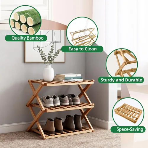 Miniatura 4 de Zapatero de bambú de 3 niveles, organizador plegable de almacenamiento de zapatos para armario, dormitorio, entrada y sala de estar, diseño portátil
