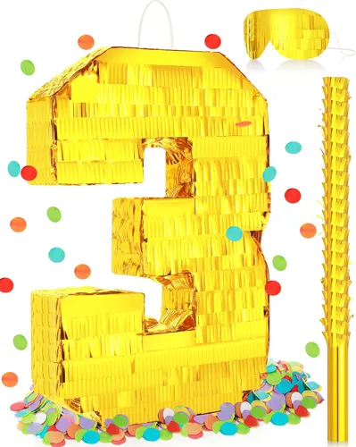 Miniatura 9 de Sratte Piñata - Decoraciones de fiesta de cumpleaños, piñata de lámina dorada con palo, confeti para niños y niñas, cumpleaños, aniversario