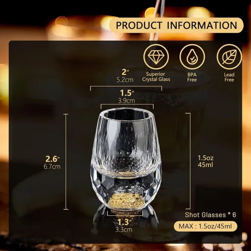 Miniatura 5 de DUJUST Vasos de chupito de diamante (1.5 onzas), juego de chupitos de cristal decorado con copos de hoja de oro de 24 quilates, vasos de chupito