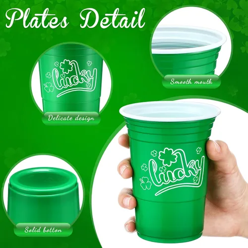 Miniatura 3 de Pickmesh 50 piezas de vasos de plástico para el Día de San Patricio de 16 onzas con diseño de trébol de la suerte, vasos desechables