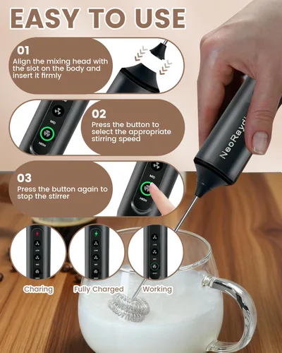 Miniatura 5 de Espumador de leche portátil recargable, mezclador de bebidas eléctrico de 3 velocidades con caja, espuma de 10 segundos para café, matcha, latte