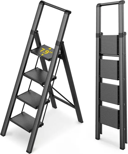 WOA WOA Escalera de 4 escalones para techo de 10 pies de alto, escalera plegable ligera con peldaños anchos antideslizantes, taburete con barandilla