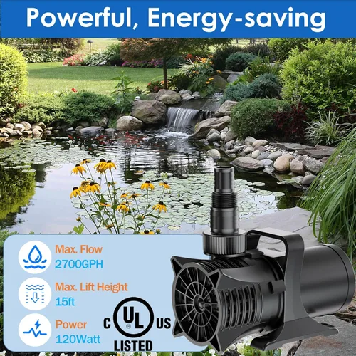 Miniatura 2 de Bomba de agua sumergible AquaMiracle de 2700 GPH, bomba de estanque certificada UL con cable de 20 pies, adaptadores y bolsa de filtro, bomba